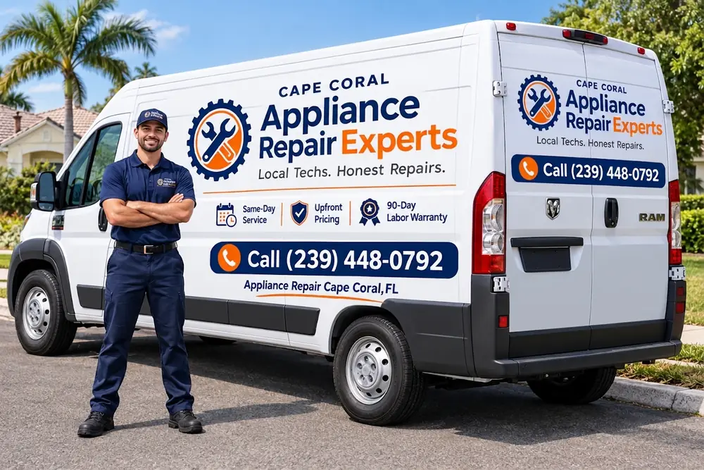 Appliance repair technician next to a service van in Cape Coral, FL