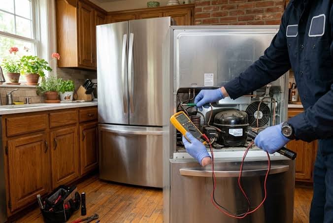 Refrigerator not cooling in Cape Coral, technician repairing a refrigerator in a local home