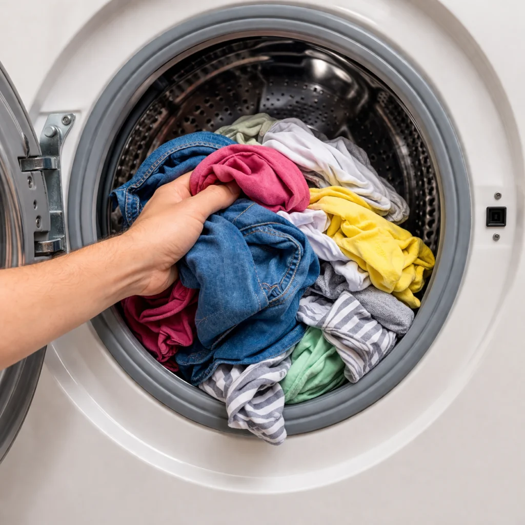 Hand loading clothes into a front load washing machine drum, washing machine repair in Cape Coral, FL